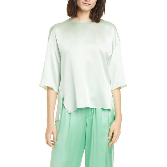 Vince Women's Short Sleeve Satin Silk Boxy Top Green Size S